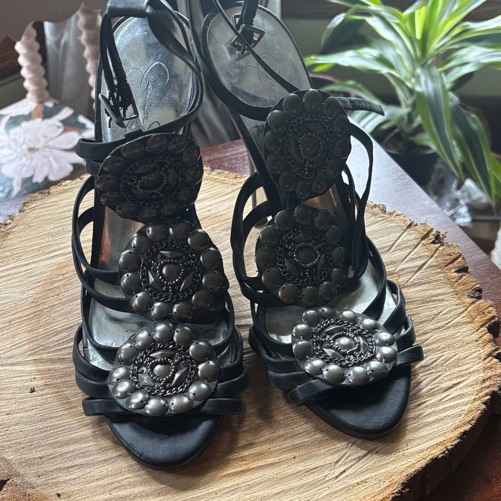 Jessica Simpson Black Strappy Sandals with Silver Accents